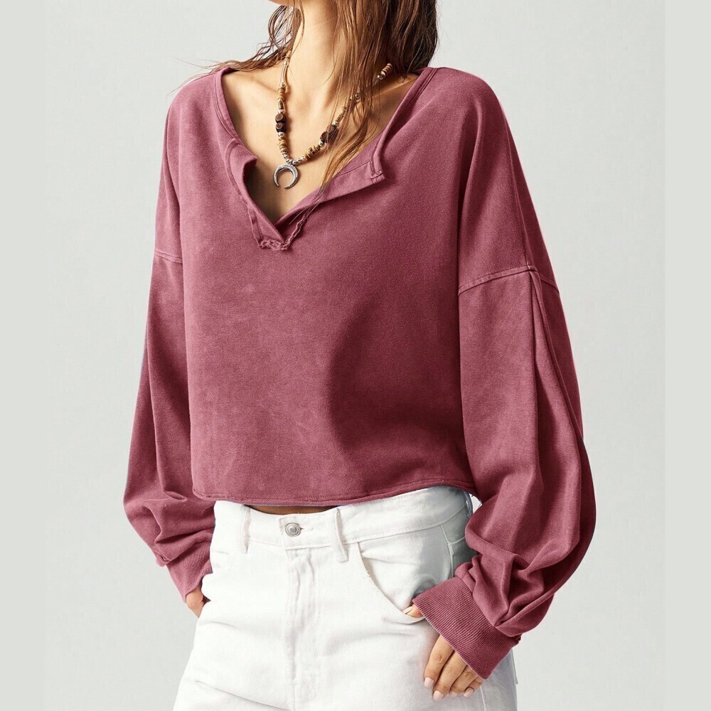 Brick Red Notched Collar Oversized Cropped Henley Sweatshirt